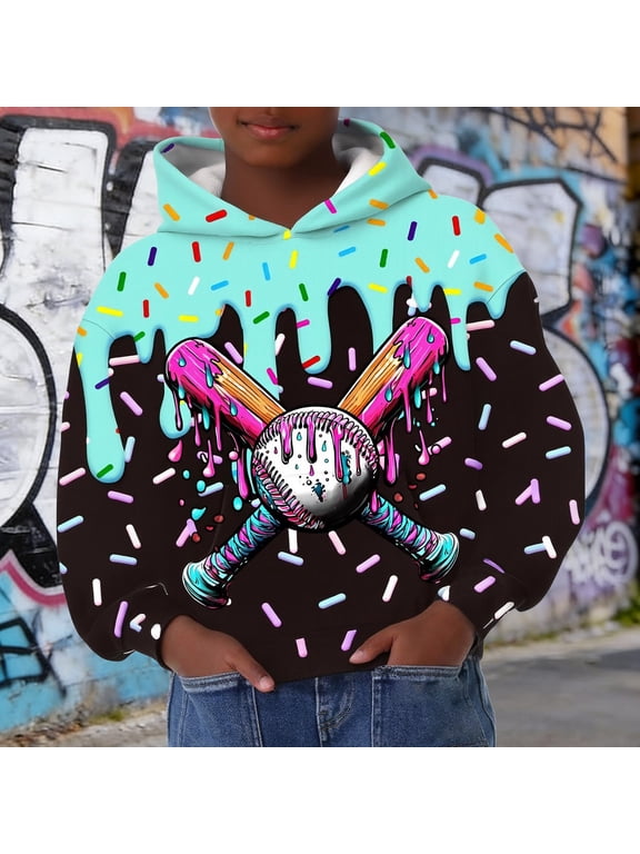 Boys Hoodies Long Sleeve 3D Ice Cream Baseball All Over Print Kangaroo Pocket Fall Winter Casual Pullover Sweatshirt Tops