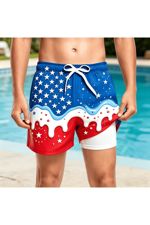 Boys Independence Day Swim Trunks 4th of July Ice Cream Print Quick-Dry with Compression Liner Elastic Drawstring Waist Pool