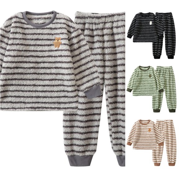 Trendfront Boys Loungewear Top And Pants 2 Piece Set Long Sleeve Stripe Print Bear Graphic Embroidered Detail Warm Fall Winter Comfortable Outfit