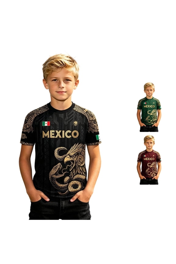 Boys Mexico Eagle Snake Graphic T Shirts Crewneck Short Sleeve Aztec Pattern Country Pride Football Fan Tee Tops