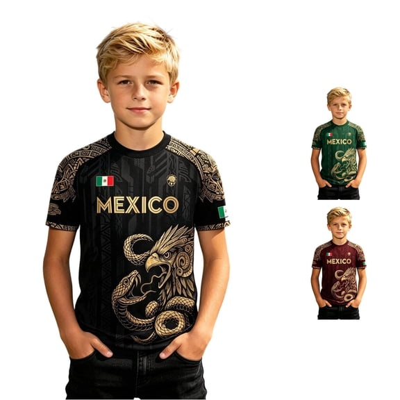 Trendfront Boys Mexico Eagle Snake Graphic T Shirts Crewneck Short Sleeve Aztec Pattern Country Pride Football Fan Tee Tops