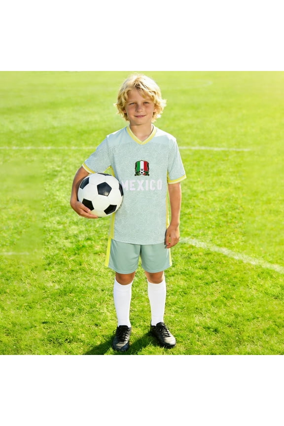 Boys Mexico Graphic Soccer Jersey Set V Neck Short Sleeve Crest Letter Print Country Pride Football Fan 2 Piece Athletic Outfit