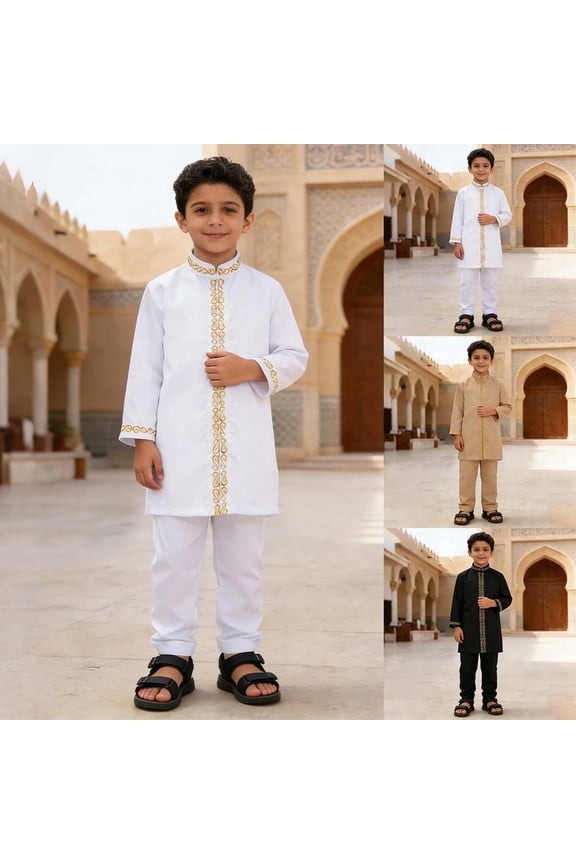 Boys Performance Outfits Long-Sleeve Arab Robe Detailed Embroidery Ethnic Attire Traditional Clothing Suit