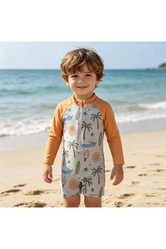 Boys One-Piece Bathing Suit Cartoon Color Block Long Sleeve Rash Guard Sun Protection Kids Pool Suit Summer Vacation
