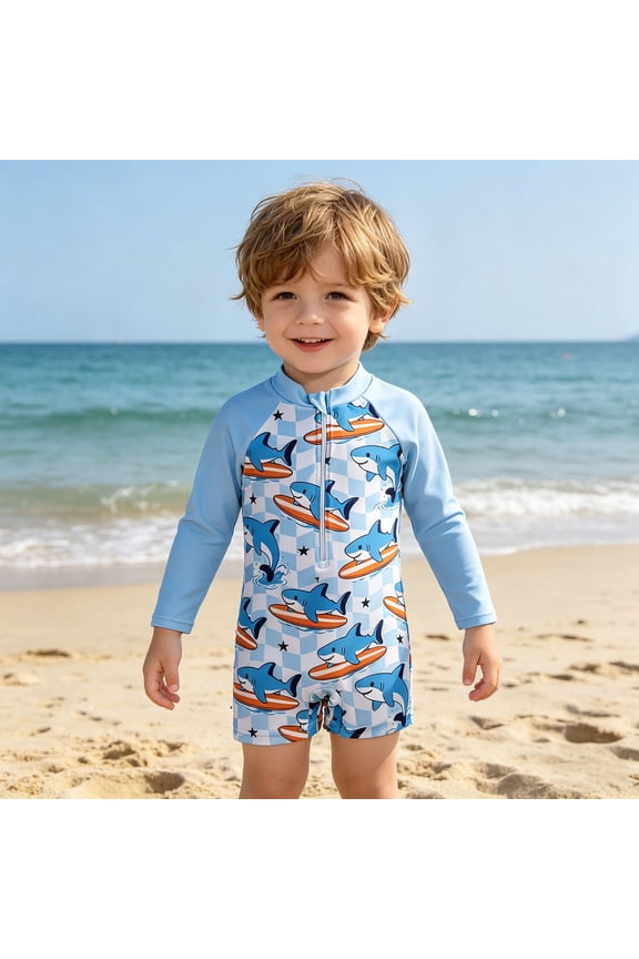 Boys One-Piece Bathing Suit Cartoon Pattern Long Sleeve Rash Guard Sun Protection Kids Swimwear Summer Pool Lessons