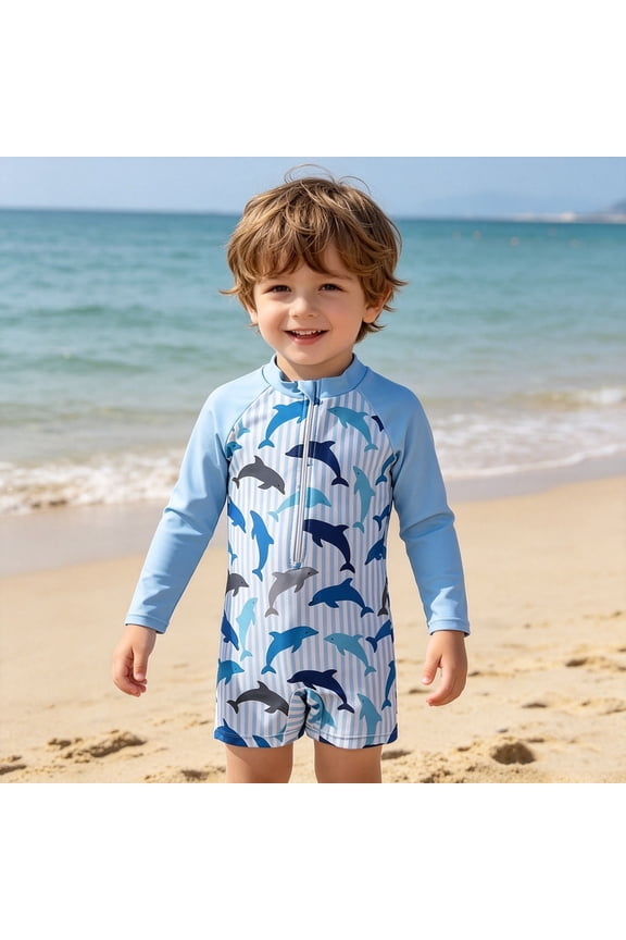 Boys One-Piece Swimsuit Cartoon Printed Long Sleeve Rash Guard Sun Protection Summer Bathing Suit Kids Rash Guard
