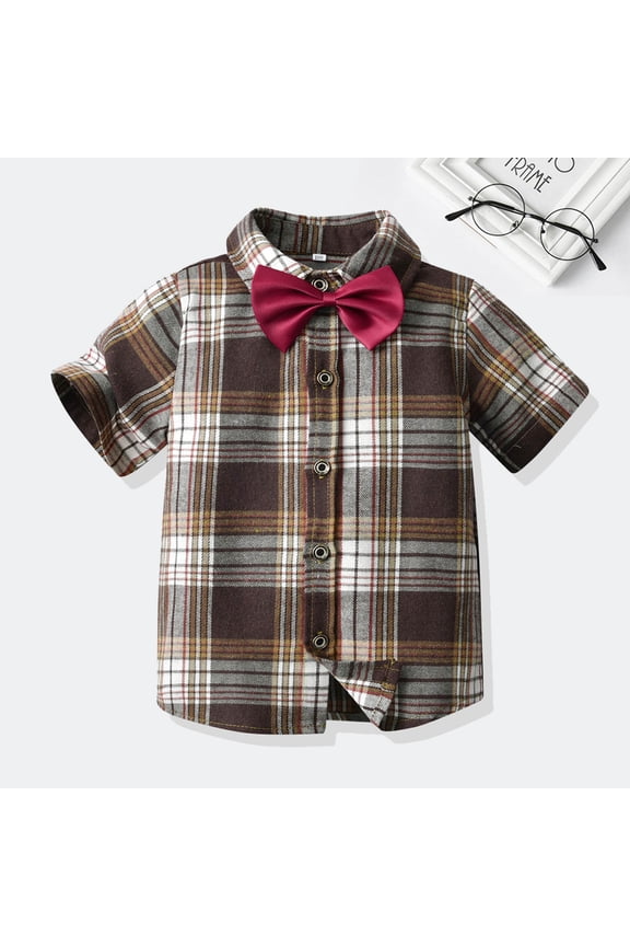 Boys Plaid Short Sleeve Collared Shirts Summer Button Down Cardigan Outerwear Formal Tops Gentleman Clothes Style