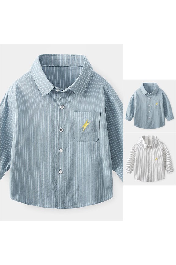 Boys Single Shirts Striped Print Long Sleeve Collared Kids Spring Pocket Pullover Tee Outfits Tops