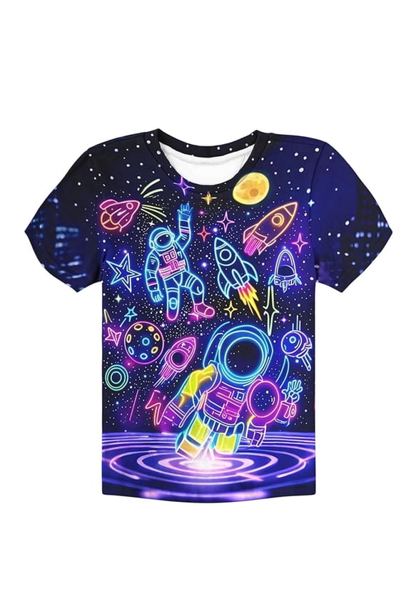 Boys Space Astronaut T Shirts Cute Rocket Outer Galaxy Print Short Sleeve Science Theme Pullover Tee Novelty Tops