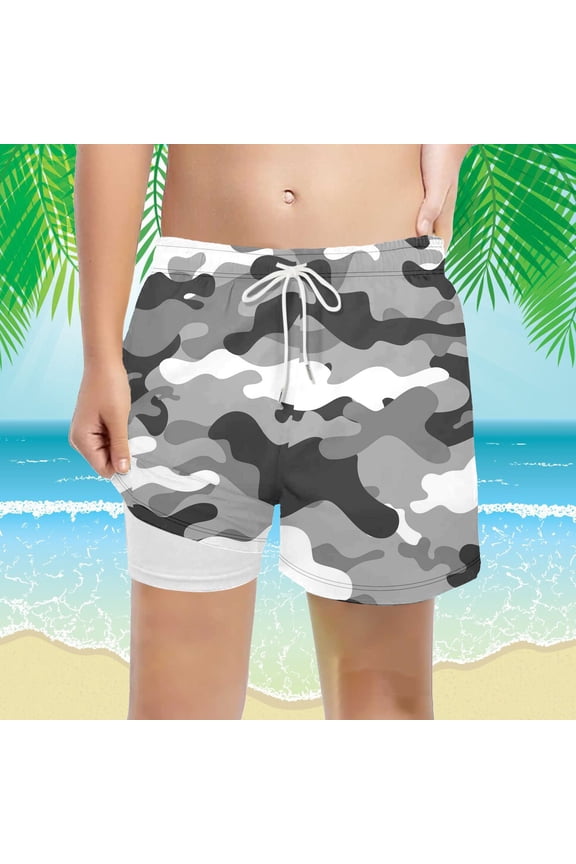 Boys Swim Shorts Camouflage Print with Compression Liner Drawstring High Waist Camo Pattern Athletic Beachwear