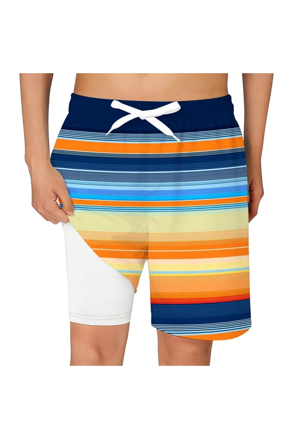 Boys Swim Trunks Color Block Stripe Print with Compression Liner Drawstring Elastic Waist Beach Boardshorts Pool Summer