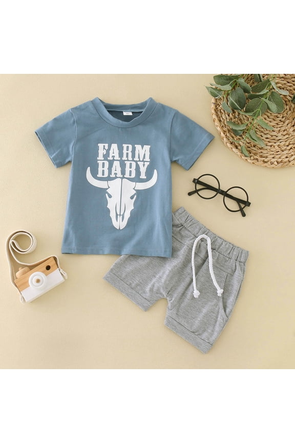 Boys Trend Crew Neck Short Sleeve Novelty Western Theme Top and Shorts Hot Weather Casual Daywear Clothing 2 Piece Set