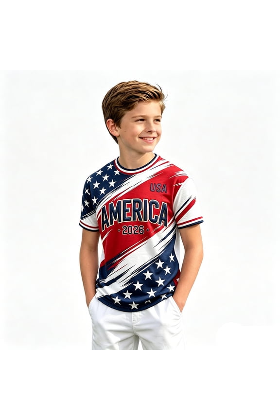 Boys' USA 2026 Soccer T-Shirt Kids Crewneck Short Sleeve Splash Flag Patriotic US Flag Graphic Tee Casual Game Day Fan Gear