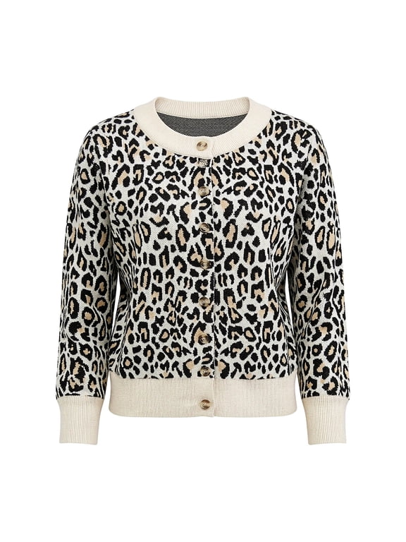 Cheetah Print Cardigan For Womens Leopard Print Button Front Crew Neck Long Sleeve Ribbed Trim Sweater Casual Layering Top