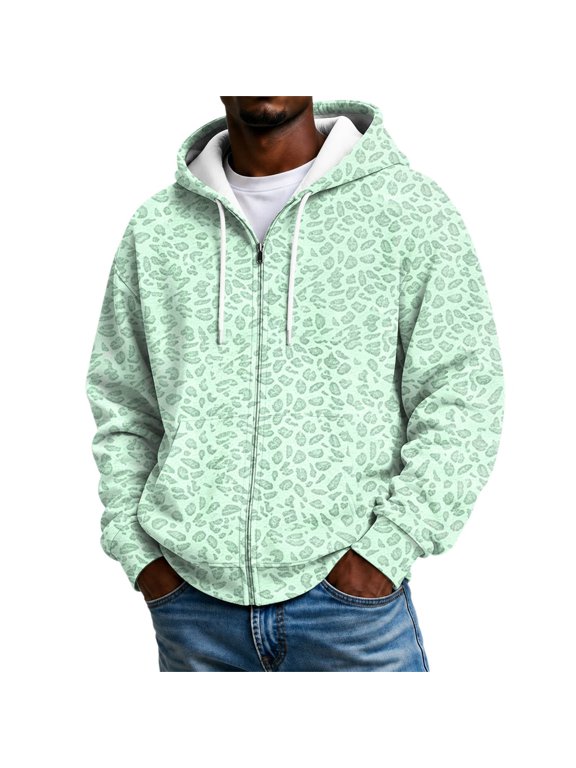 Cheetah Print Hoodies For Mens Leopard Print Drawstring Neck Zip Up Sweatshirt Long Sleeve Front Pockets Casual Jacket