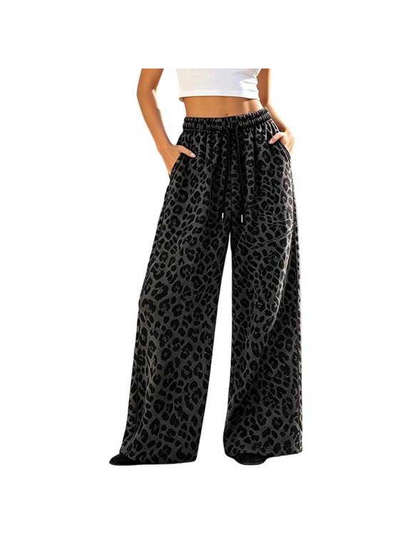 Cheetah Print Pants For Womens Leopard Print Wide Leg Drawstring Waist Side Pockets Full Length Loose Fit Lounge Trousers