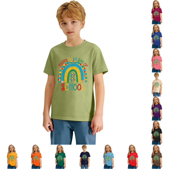 Trendfront Girls 100 Days Of School Graphic T Shirts Crewneck Short Sleeve Rainbow School Print Classroom Celebration Back To School Casual Tee Tops