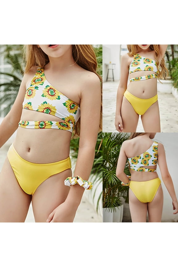 Girls 2-Piece Bikini Set Sunflower Printed Off Shoulder Two-Piece Swimsuit Kids Summer Beach Bathing Suit