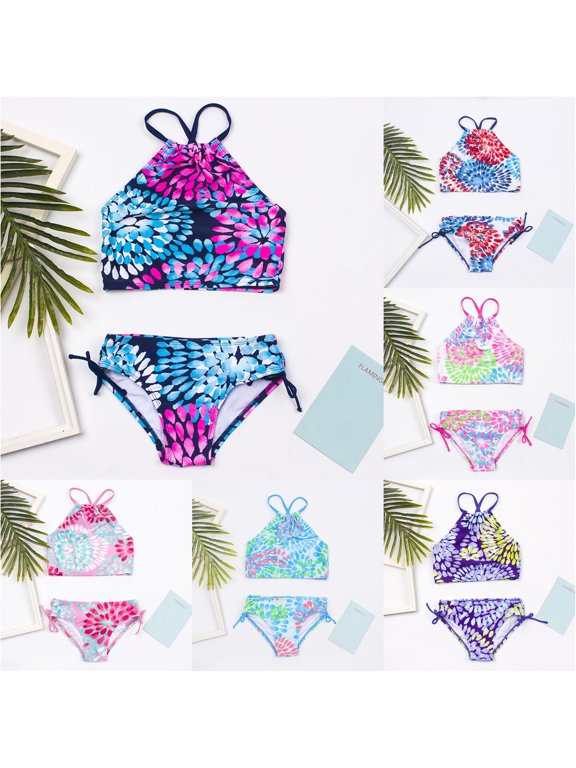 Girls 2-Piece Bikini Set Water Drop Pattern Printed Camisole Two-Piece Swimsuit Kids Beachwear Bathing Suit