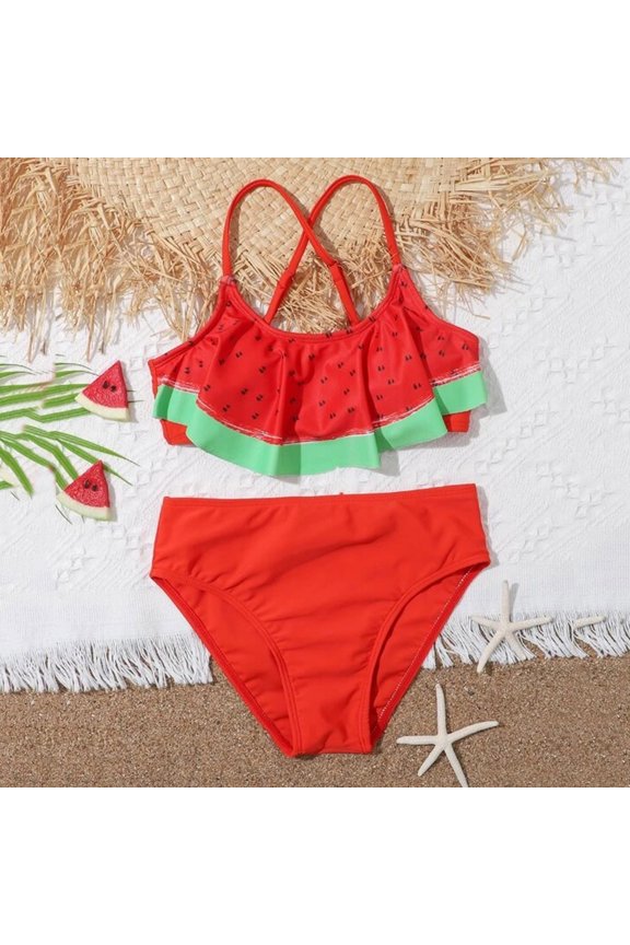 Girls 2-Piece Bikini Set Watermelon Printed Two-Piece Swimsuit Kids Summer Beach Pool Vacation Bathing Suit