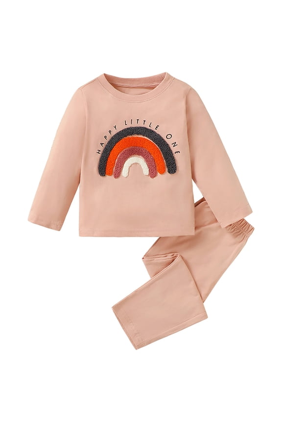 Girls 2 Piece Casual Outfit Set Crewneck Long Sleeve Rainbow Graphic Letter Graphic Pullover Top And Pants School Play Clothes