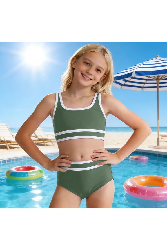 Girls 2-Piece Split Bathing Suit Sleeveless Crew Neck Color Block Bikini Beach Swimming Adjustable Straps