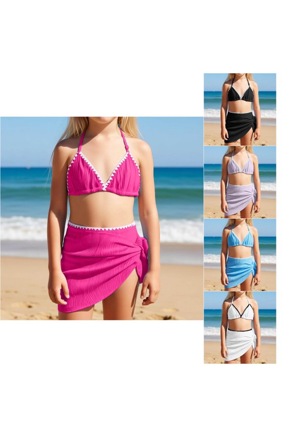 Girls 2-Piece Swimwear Solid Color Bikini Split Swimsuit Hot Spring Vacation Beach Bathing Suit