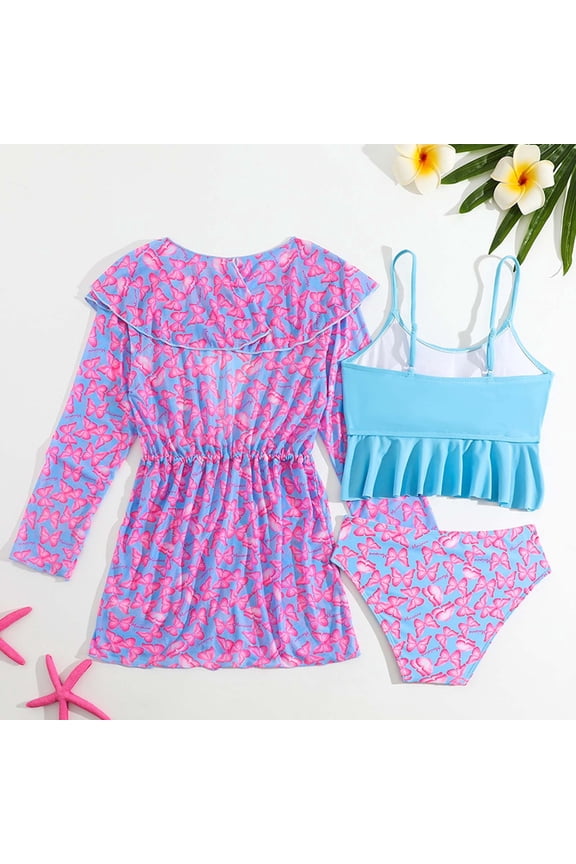 Girls 3-Piece Bikini Set Printed Swimsuit with Long Sleeve Jacket Rash Guard Sun Protection Beach Bathing Suit