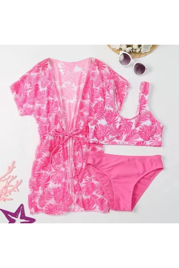Girls 3-Piece Bikini Set Printed Two-Piece Swimsuit with Long Sleeve Rash Guard Cover Up Jacket Bathing Suit