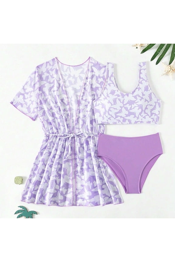 Girls 3-Piece Bikini Set Swimsuit with Fruit Printed Long Sleeve Rash Guard Coat Sun Protection Bathing Suit