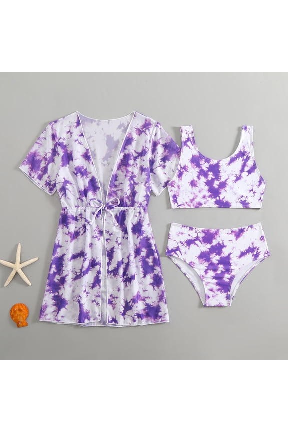 Girls 3-Piece Swimming Suit Set Mesh Printed Bikini Swimsuit Set with Coat Bathing Suit Beachwear Pool Outfit