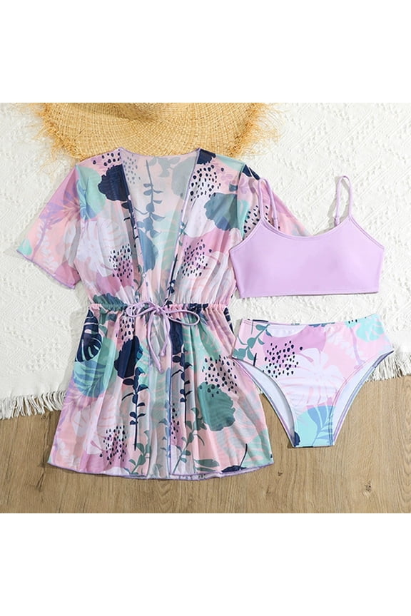 Girls 3-Piece Swimsuit Printed Bikini Set with Matching Cover Up Jacket Summer Beachwear Bathing Suit