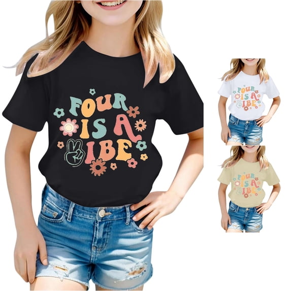 Trendfront Girls 4th Birthday Gift T Shirt Four Years Retro Letters Crewneck Short Sleeve Tee Toddler Bday Party Outing Top