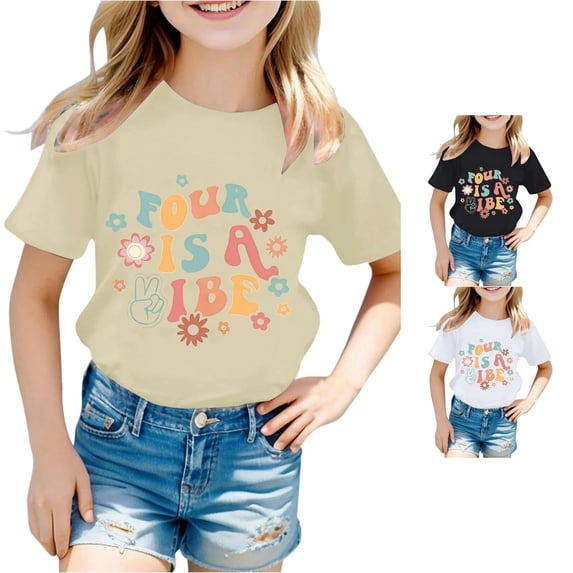 Trendfront Girls 4th Birthday Gift T Shirt Four Years Retro Letters Crewneck Short Sleeve Tee Toddler Bday Party Outing Top
