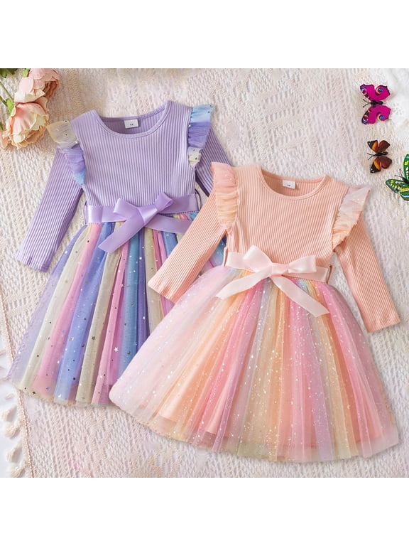 Girls A Line Party Dress Mid-Length Long Sleeve Crew Neck Rainbow Sequins Star Mesh Layered Casual Daily Play Wear Holiday Outfits