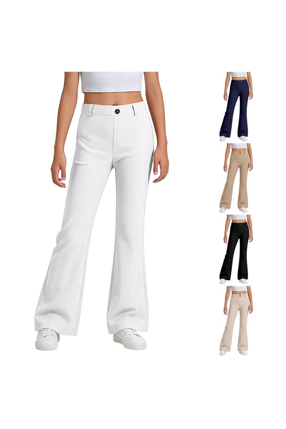 Girls Back To School Flare Pants Mid Rise Button Zip Fly Belt Loops Slim Fit Full Length Classic School Uniform Bottoms