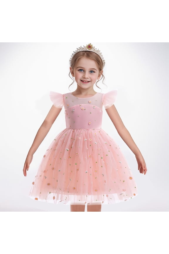 Girls Ball Gown Dress Mid-Length Short Sleeve Crew Neck Floral Pattern Daisy Embroidery Sheer Mesh Panel Birthday Party