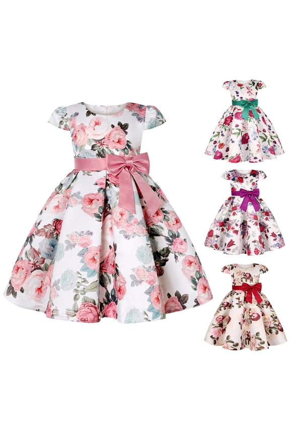 Girls Ball Gown Party Dress Mid-Length Short Sleeve Crew Neck Floral Pattern Rose Print Bow Decor Birthday Party Wedding