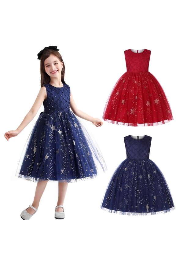 Girls Ball Gown Party Dress Mid-Length Sleeveless Crew Neck Star Pattern Sequin Glitz Starry Mesh Pearl Accent Pageant Evening Gown