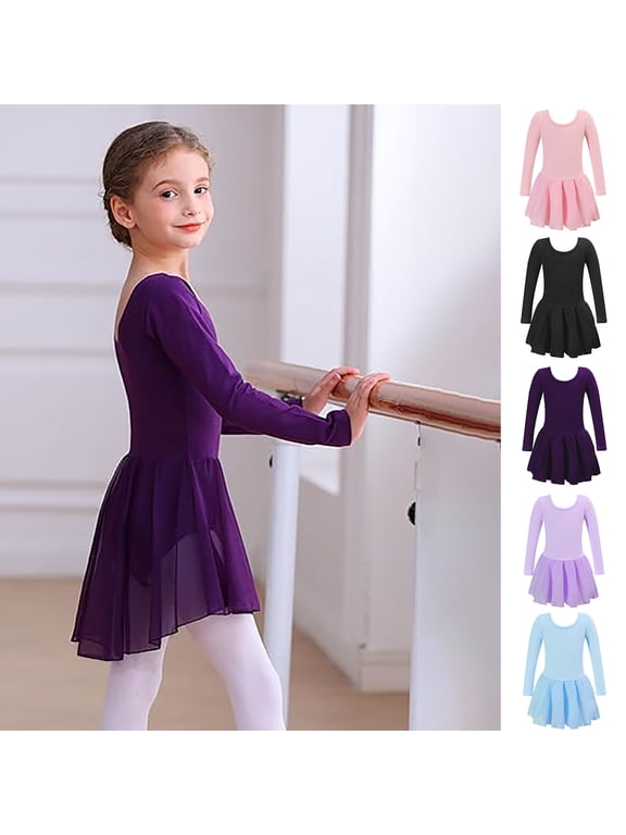 Girls Ballet Dance Leotard Mid-Length Long Sleeve Crew Neck Toddler Hi Lo Mesh Skirted Practice Wear