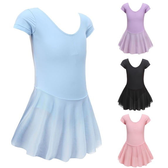 Trendfront Girls Ballet Dance Leotard Mid-Length Short Sleeve Crew Neck Toddler Skirted Bodysuit Performance Practice Outfits