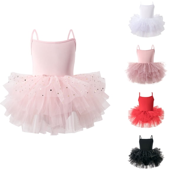 Trendfront Girls Ballet Tutu Dress Mini Sleeveless Scoop Neck Kids Dance Leotard Sequin Mesh Skirt Gymnastics Performance Wear