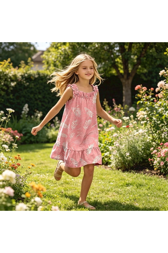 Girls Beach Dress Crew Neck Sleeveless Pattern Print Ruffle Strap Flowy Sundress Casual Holiday Wear