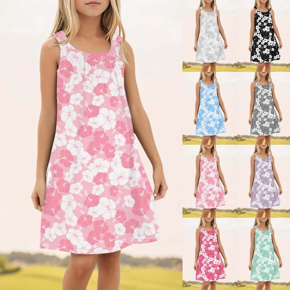 Trendfront Girls Beach Dress Crew Neck Sleeveless Tropical Palm Tree Floral Print Cami Strap Cotton Summer Sundress Wear