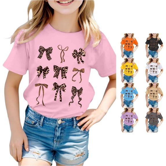 Trendfront Girls Bow Print T Shirt Leopard Pattern Graphic Crewneck Short Sleeves Casual School Tee Top