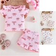 thumbnail image 1 of Trendfront Girls Bowknot Graphic Outfit Set Crew Neck Short Sleeve Top Summer 2 Piece Matching Shorts Bundle Kids Ages 2-12Y Fashion Daily Wear Clothes Set, 1 of 7