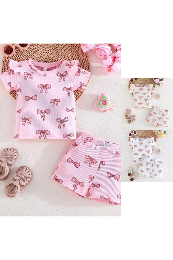 Girls Bowknot Graphic Outfit Set Crew Neck Short Sleeve Top Summer 2 Piece Matching Shorts Bundle Kids Ages 2-12Y Fashion Daily Wear Clothes Set