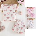 thumbnail image 1 of Trendfront Girls Bowknot Graphic Outfit Set Crew Neck Short Sleeve Top Summer 2 Piece Matching Shorts Bundle Kids Ages 2-12Y Fashion Daily Wear Clothes Set, 1 of 9