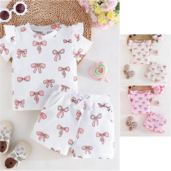 Trendfront Girls Bowknot Graphic Outfit Set Crew Neck Short Sleeve Top Summer 2 Piece Matching Shorts Bundle Kids Ages 2-12Y Fashion Daily Wear Clothes Set