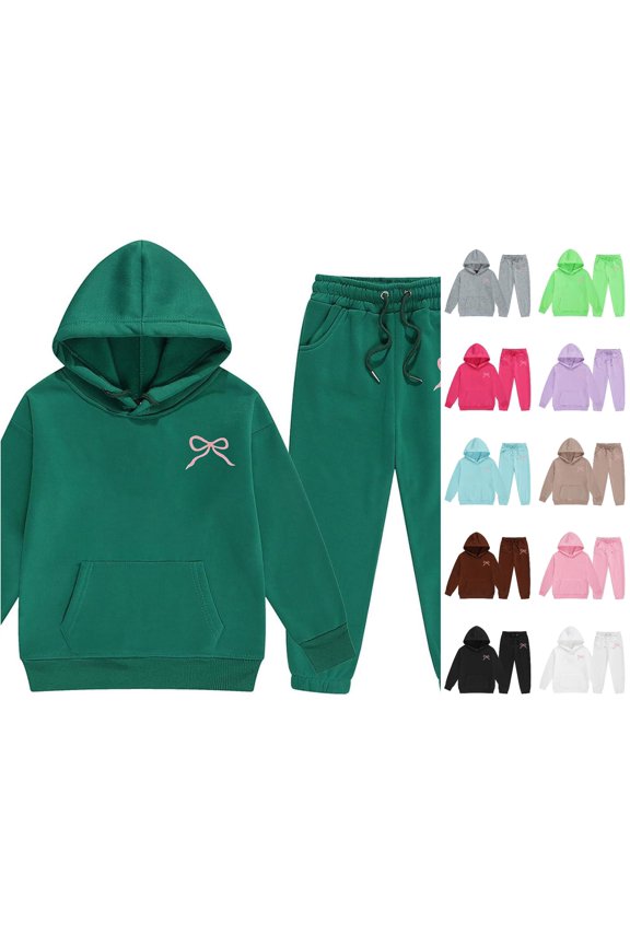 Girls Bowknot Graphic Print Fleece Clothing Sets Long Sleeve 2 Piece Suit Hoodie & Sweatpants Thic Active Sports Fall Winter Outfits